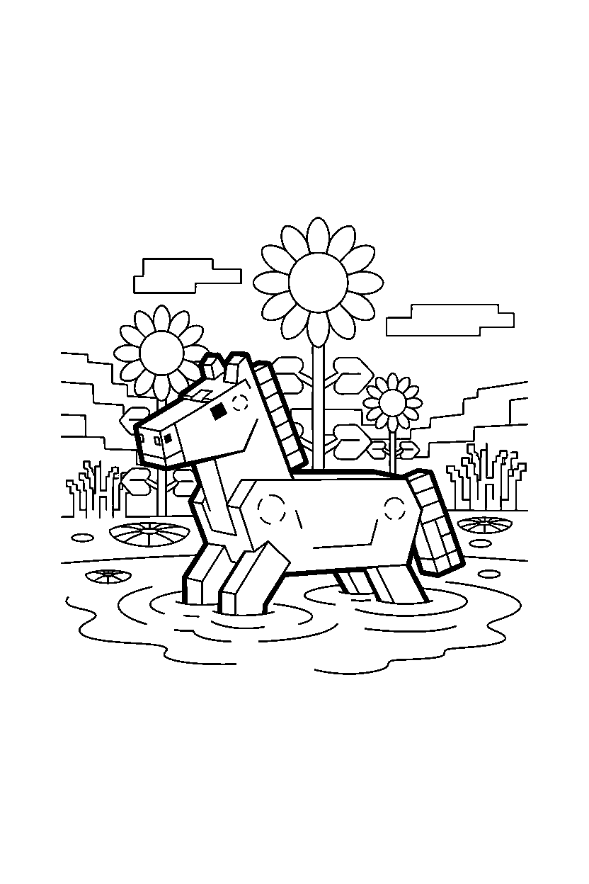 minecraft horse swimming calmly in sunflower plains line art