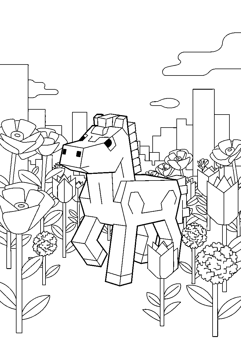 minecraft horse wandering curiously in a flower forest line art