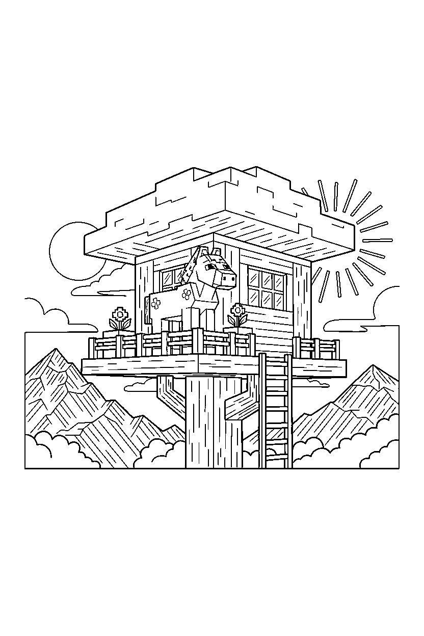 minecraft horse watching calmly in a treehouse base line art
