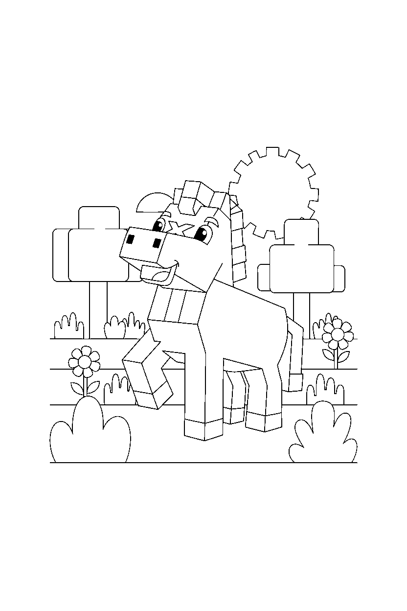minecraft horse waving happily in a meadow line art