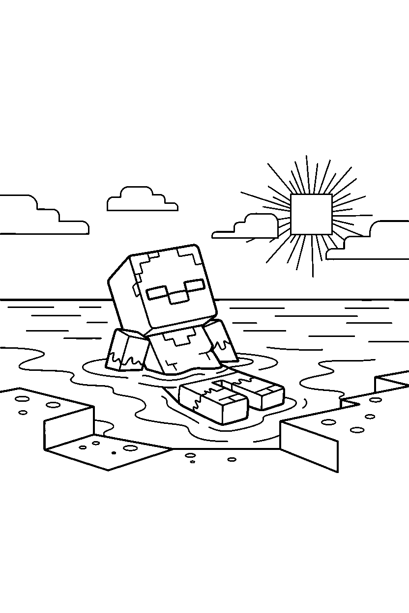 minecraft husk floating calmly on an ocean shore line art