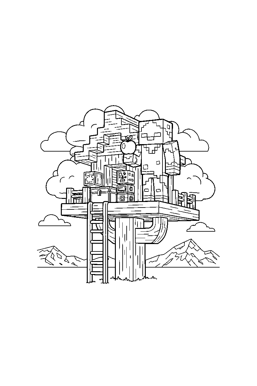 minecraft husk holding an apple in a treehouse base line art