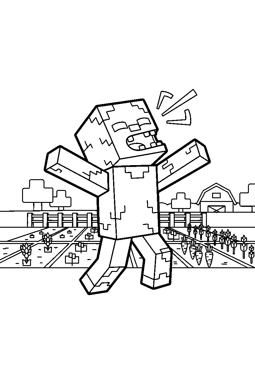 minecraft husk howling playfully near a farm field line art