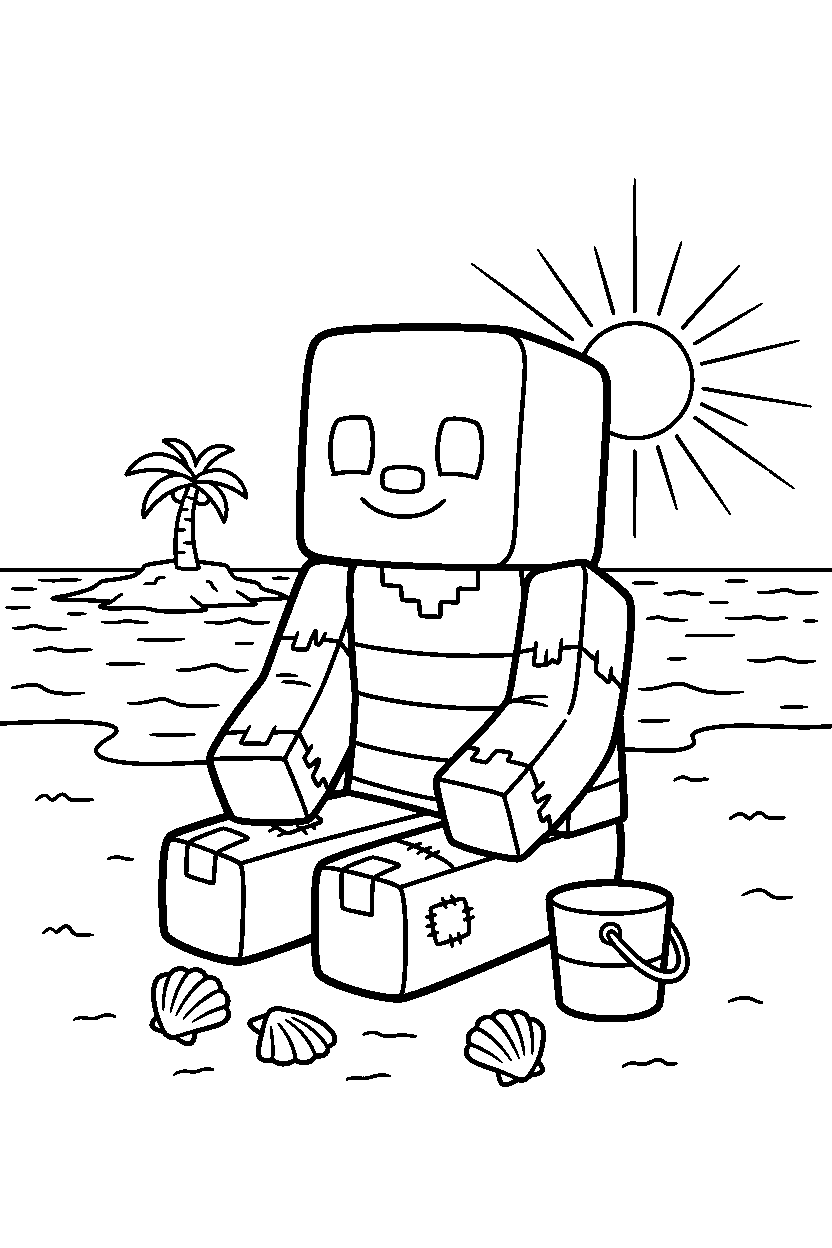 minecraft husk sitting calmly on a beach line art