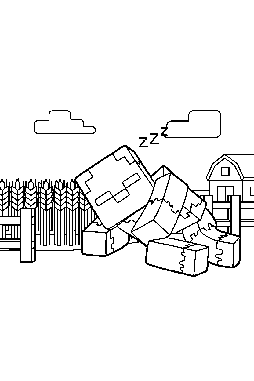 minecraft husk sleeping peacefully near a farm field line art