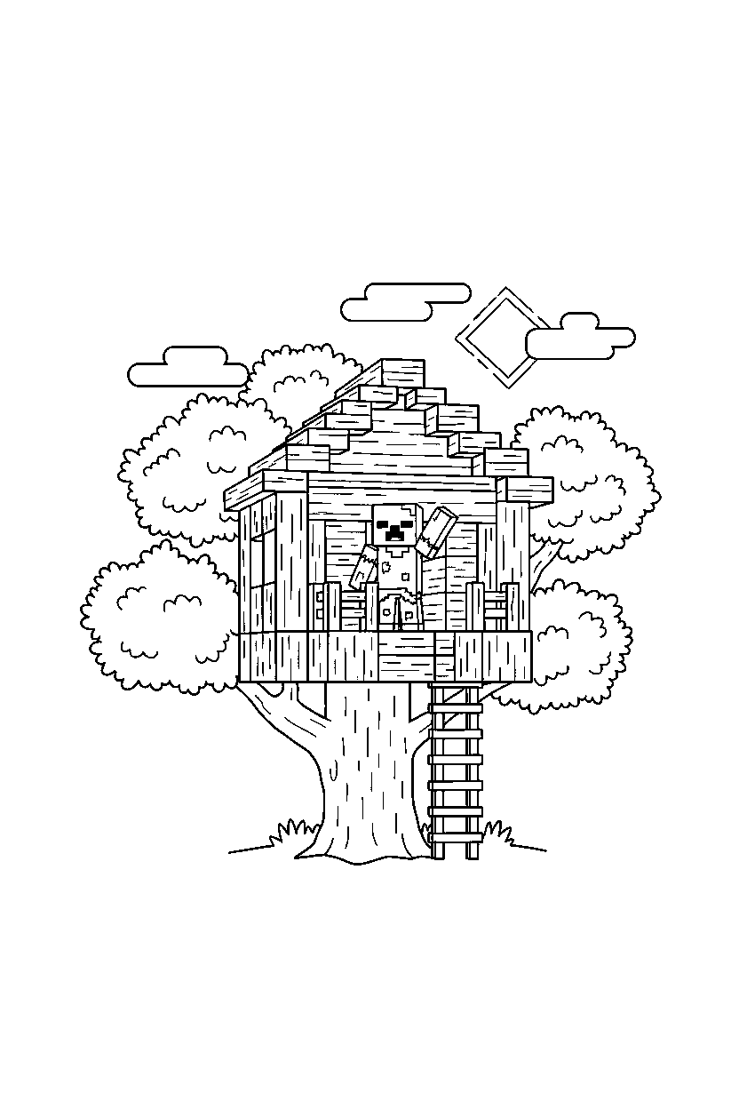 minecraft husk waving happily in a treehouse base line art