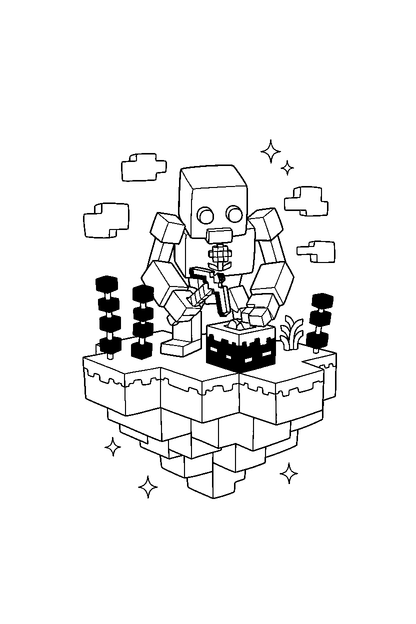 minecraft iron golem digging carefully on an end island line art