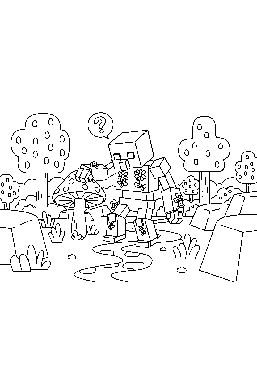 minecraft iron golem exploring curiously in a forest line art