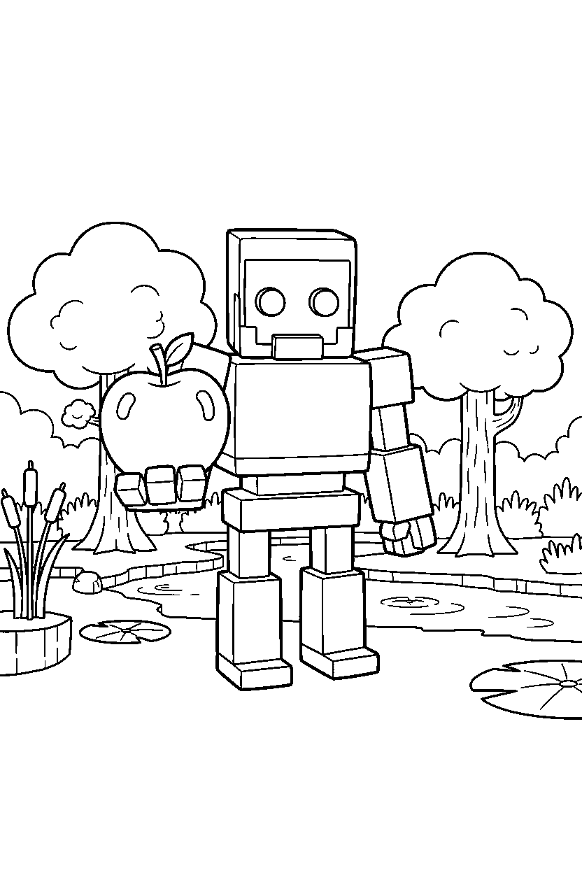 minecraft iron golem holding an apple in a swamp line art
