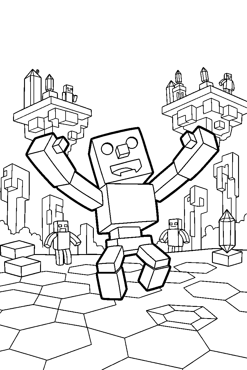 minecraft iron golem howling playfully in the end dimension line art