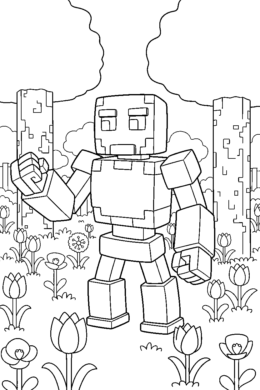 minecraft iron golem looking around curiously in a flower forest line art
