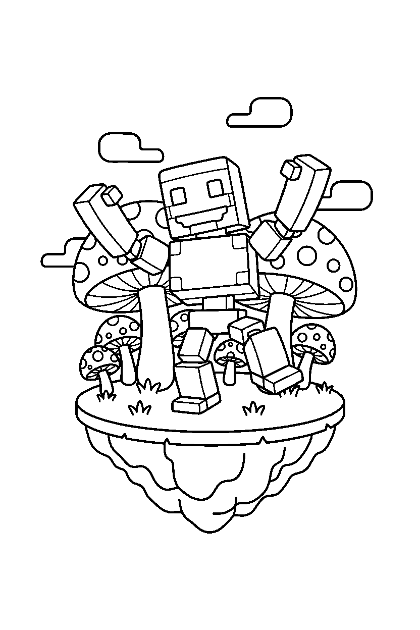 minecraft iron golem playing happily on a mushroom island line art