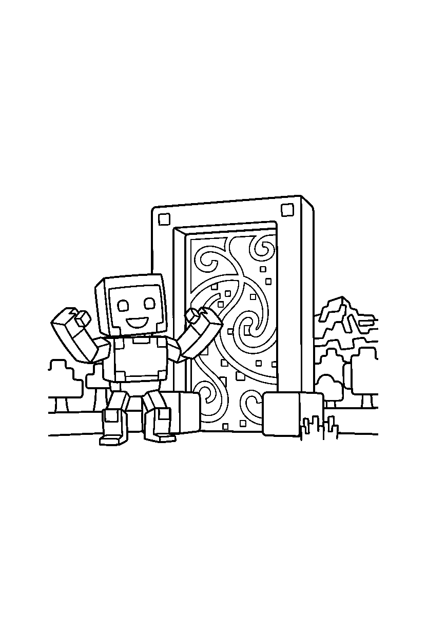 minecraft iron golem posing happily near a portal line art