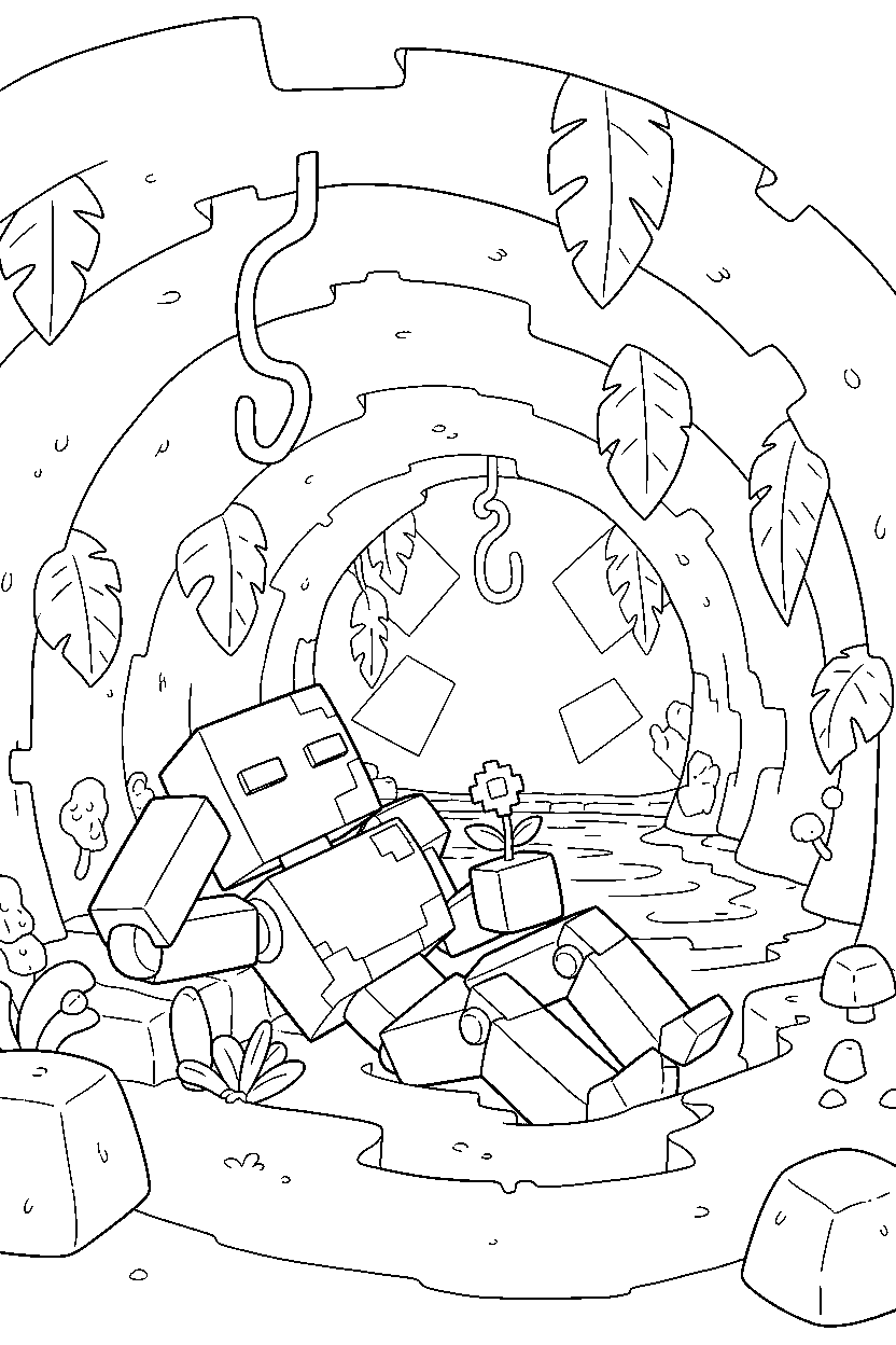 minecraft iron golem relaxing peacefully in a lush cave line art
