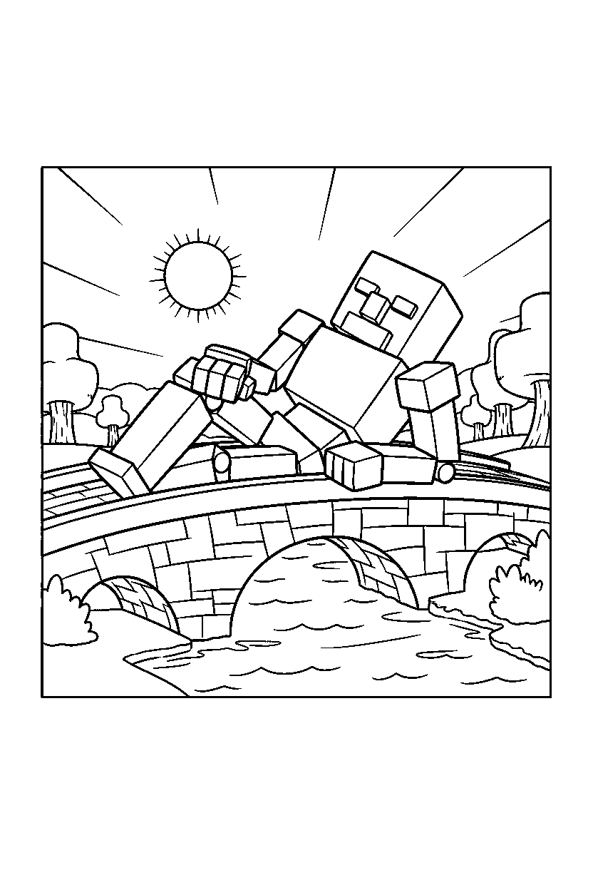 minecraft iron golem relaxing peacefully on a bridge line art