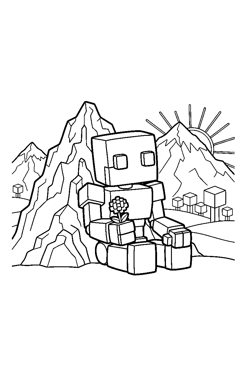 minecraft iron golem resting calmly in mountains line art