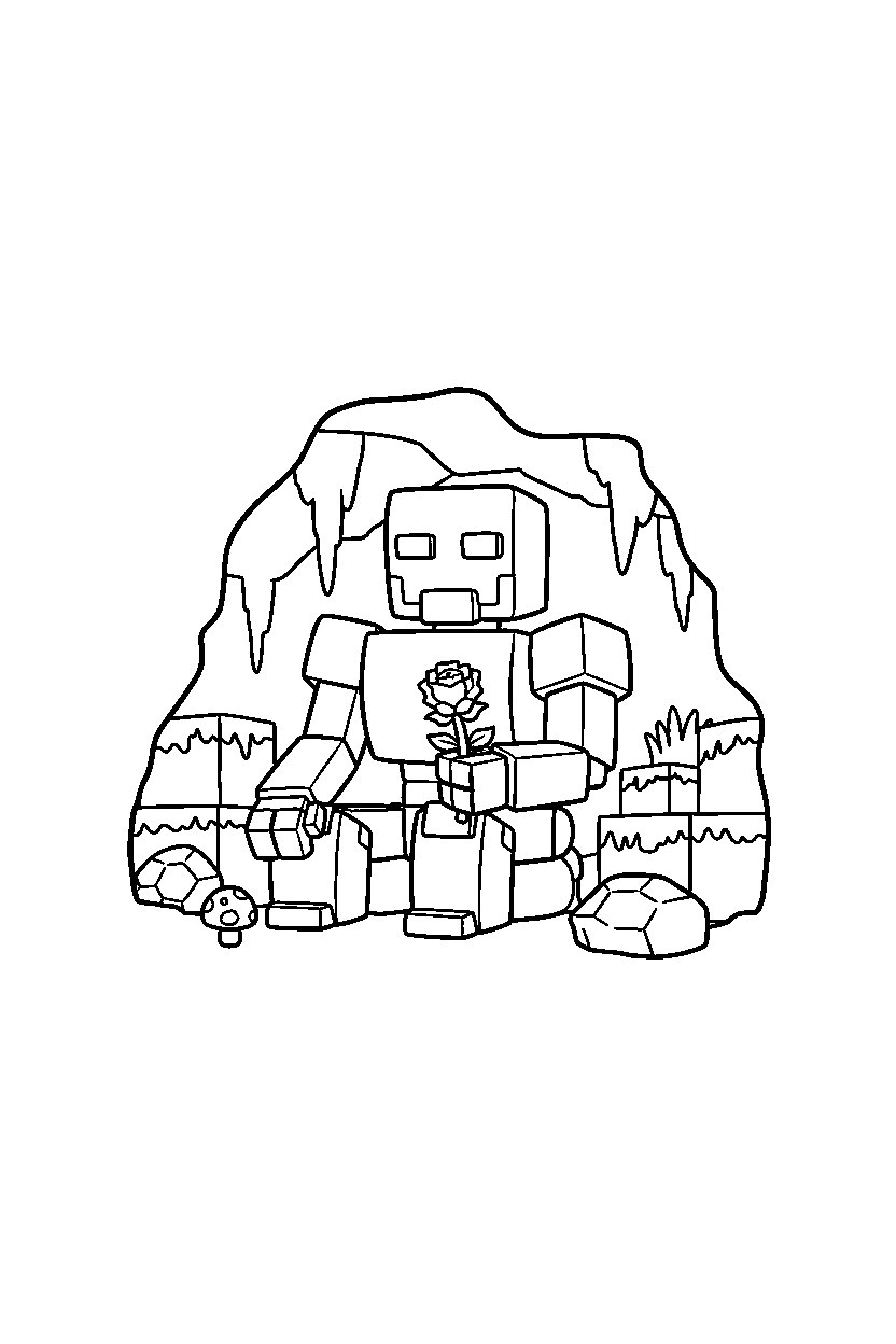 minecraft iron golem sitting calmly in a cave line art