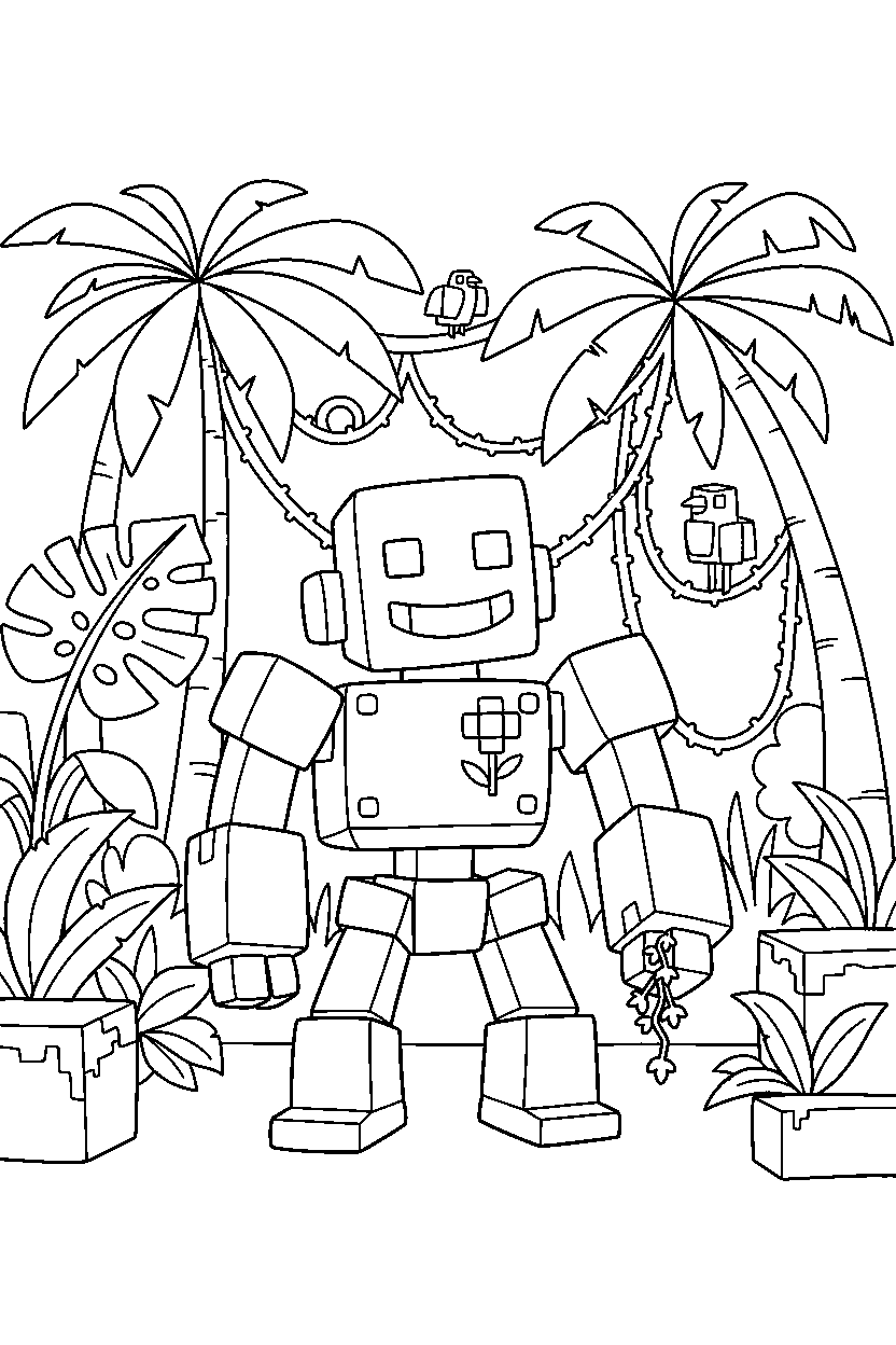 minecraft iron golem smiling happily in a jungle line art