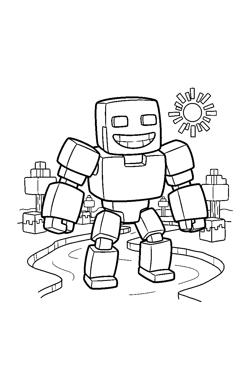 minecraft iron golem smiling happily near a river line art