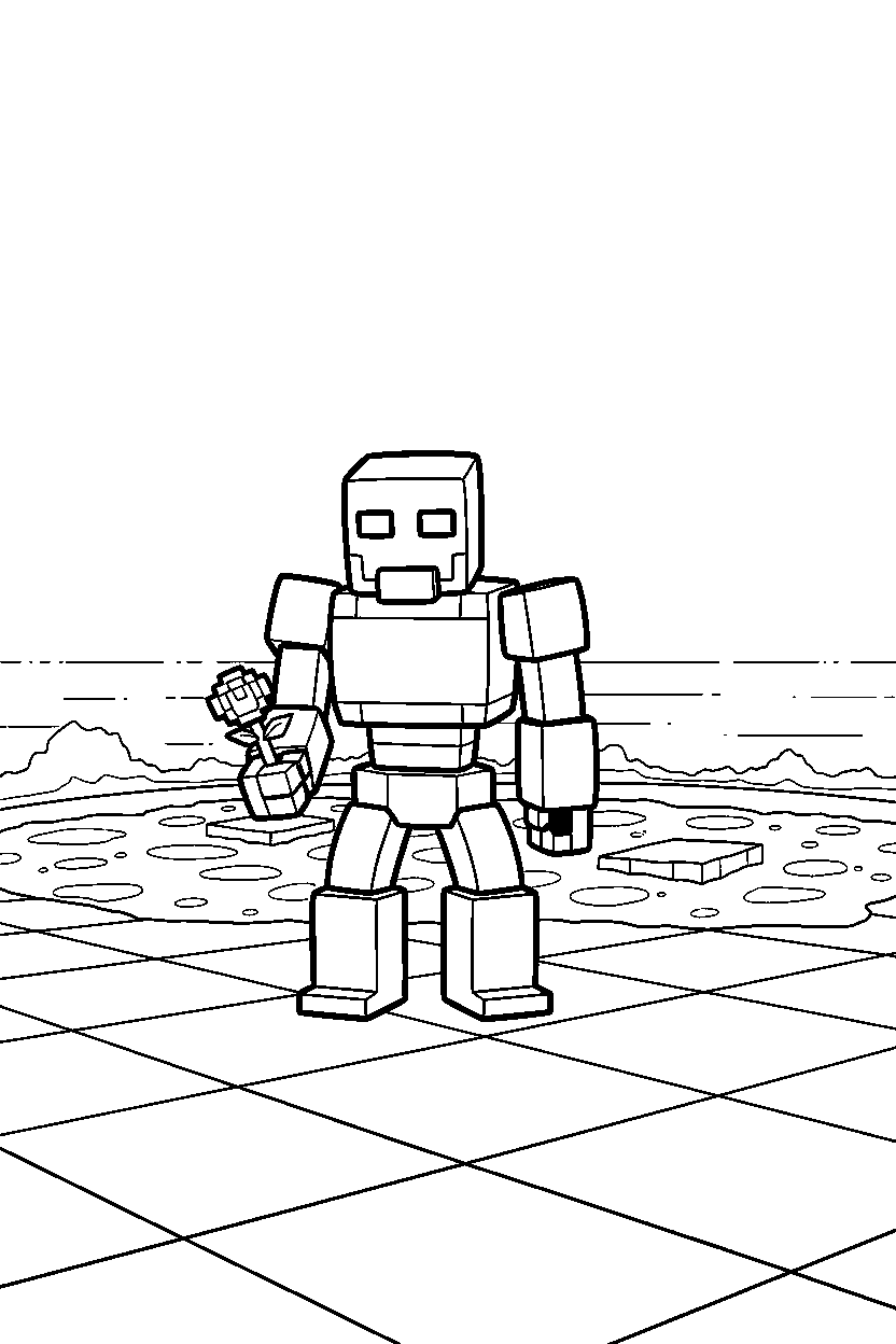 minecraft iron golem standing calmly near a lava lake line art