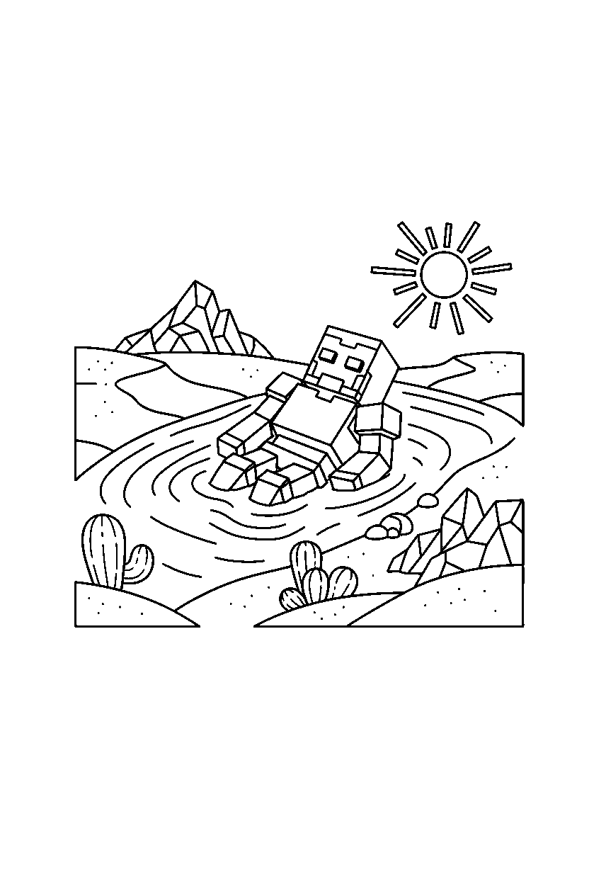 minecraft iron golem swimming calmly in a desert line art