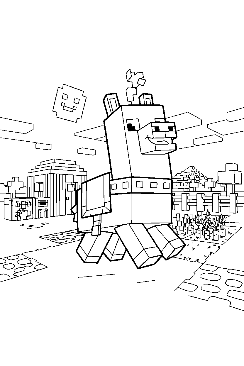 minecraft llama playing happily in a survival base line art