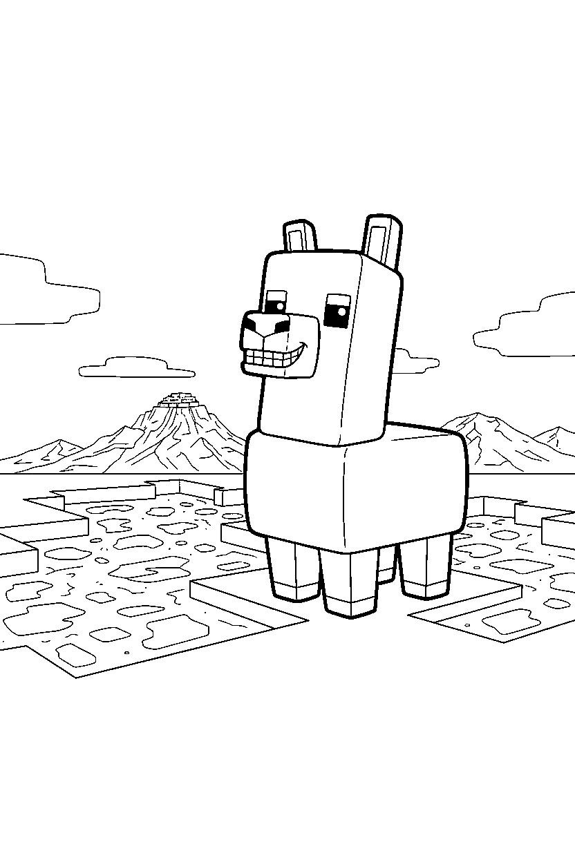 minecraft llama smiling happily near a lava lake line art