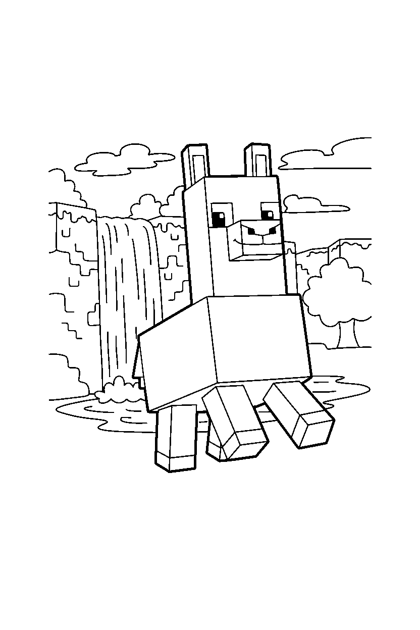 minecraft llama stomping playfully near a waterfall line art