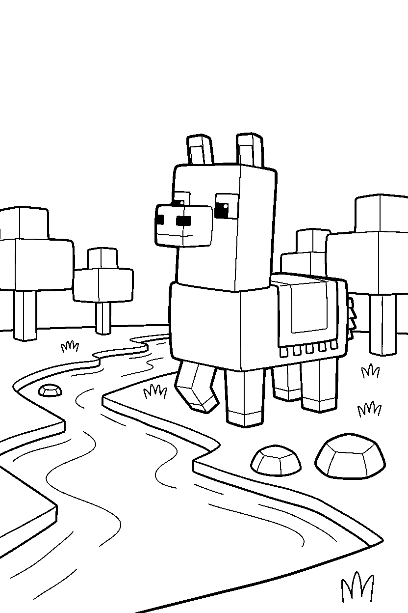 minecraft llama wandering curiously near a river line art