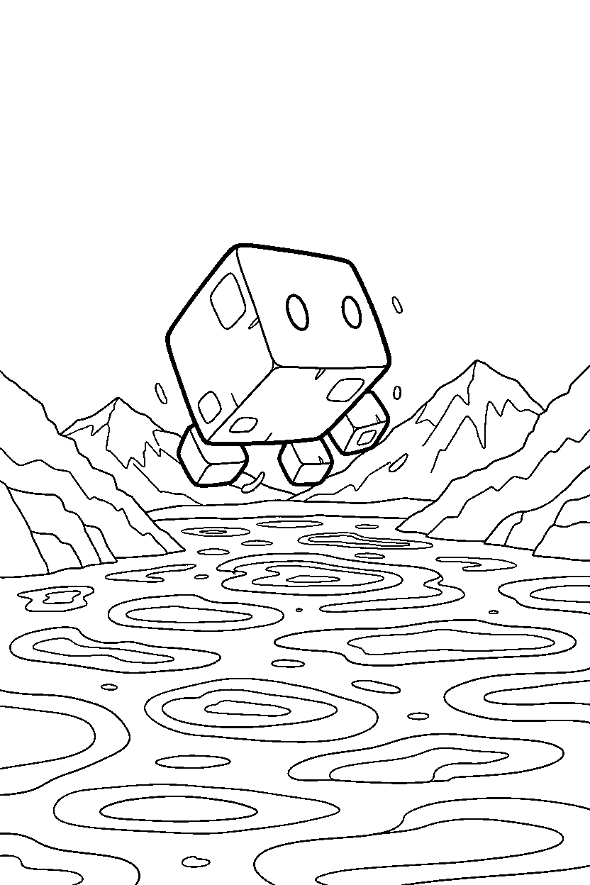 minecraft magma cube gliding calmly near a lava lake line art