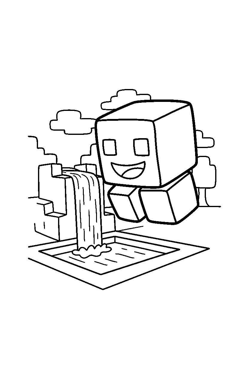 minecraft magma cube posing happily near a waterfall line art