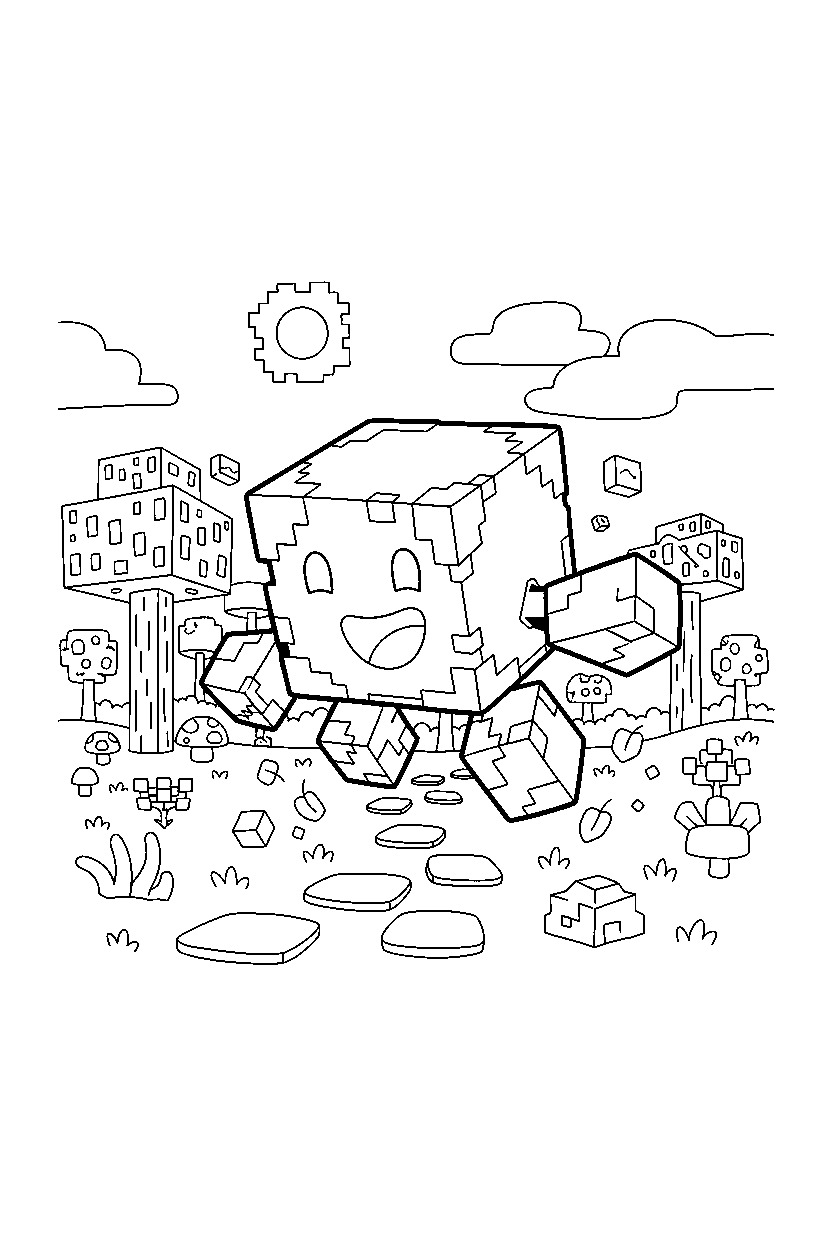 minecraft magma cube running happily in a forest line art