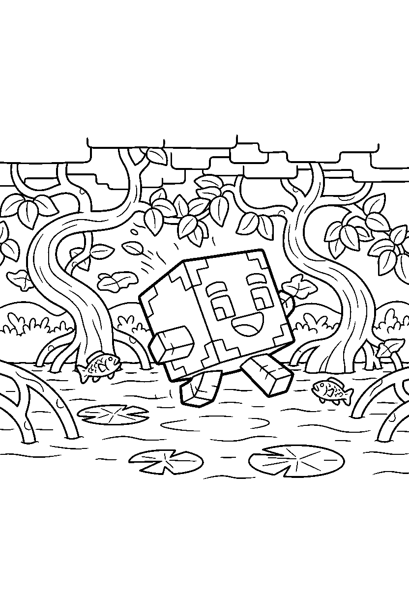 minecraft magma cube running happily in a mangrove swamp line art