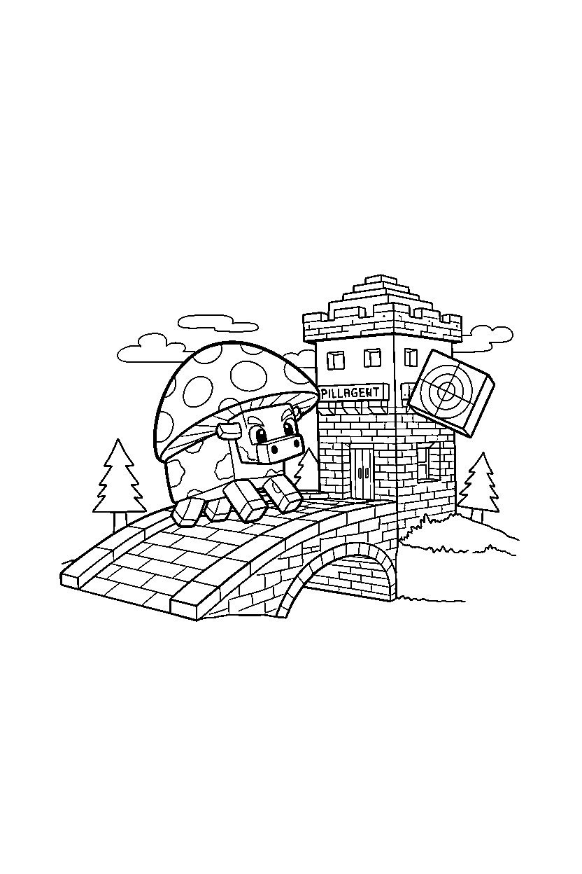 minecraft mooshroom chasing a target in a pillager outpost line art