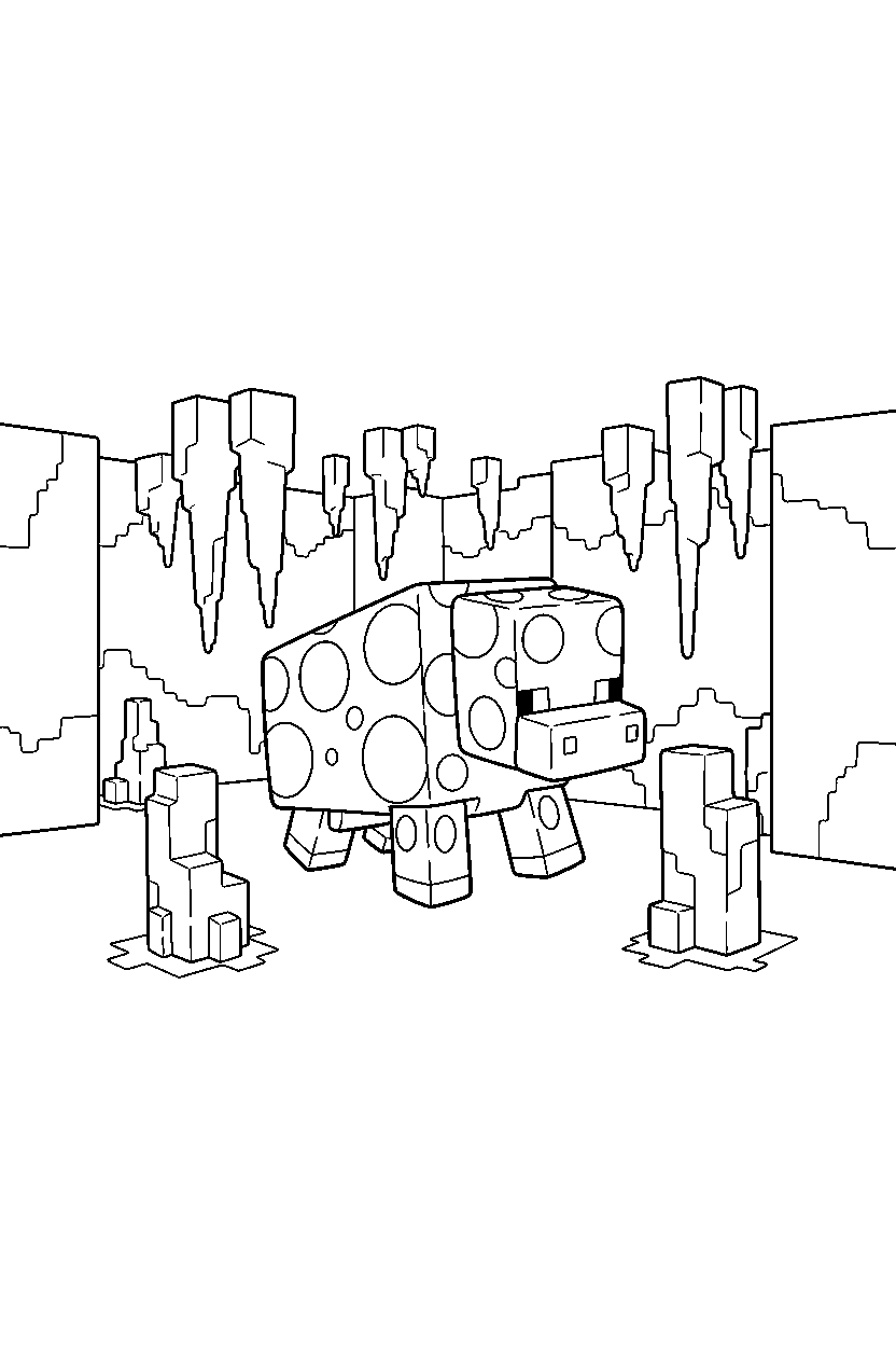 minecraft mooshroom crawling calmly in a dripstone cave line art