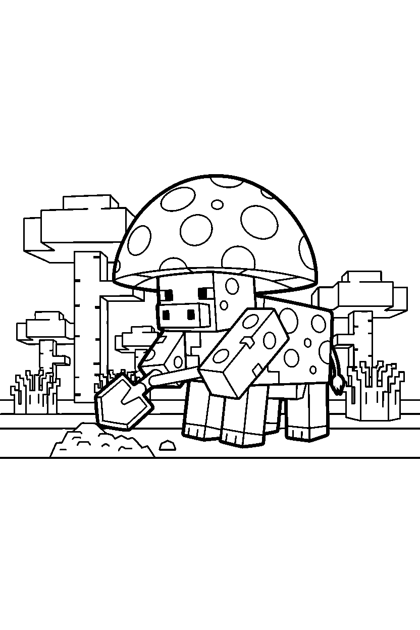 minecraft mooshroom digging carefully in a savanna line art