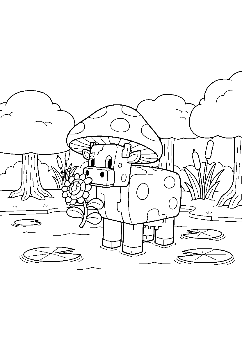 minecraft mooshroom holding a flower in a swamp line art
