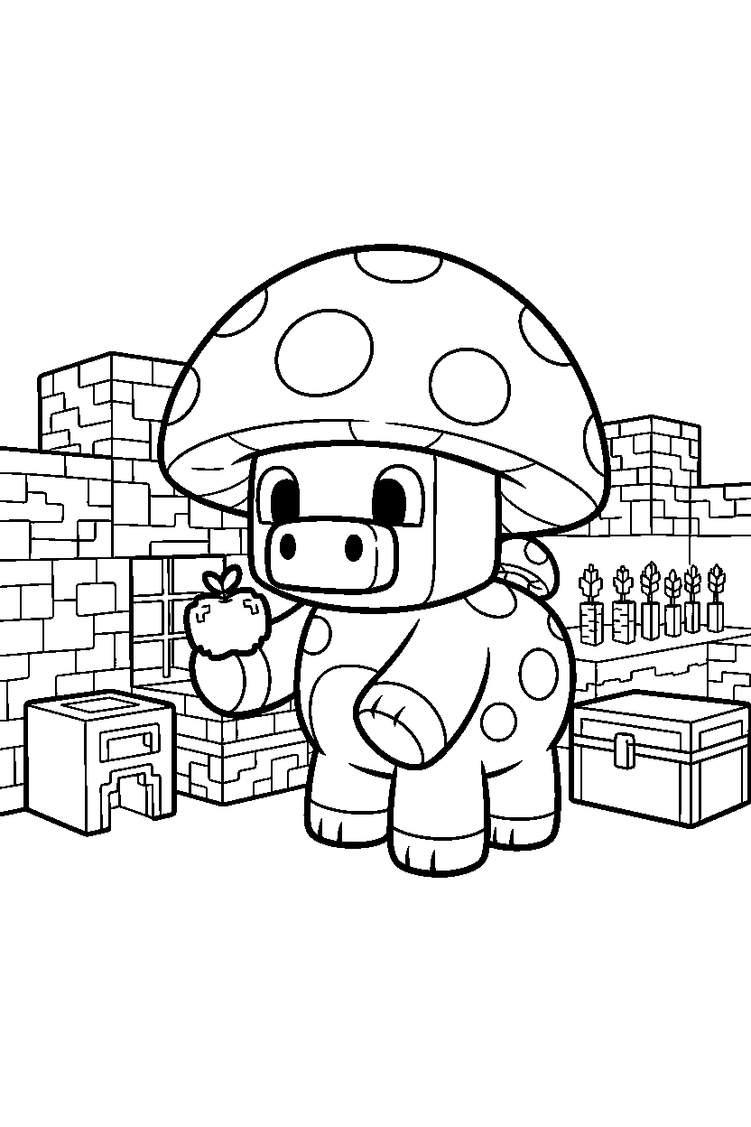 minecraft mooshroom holding an apple in a survival base line art
