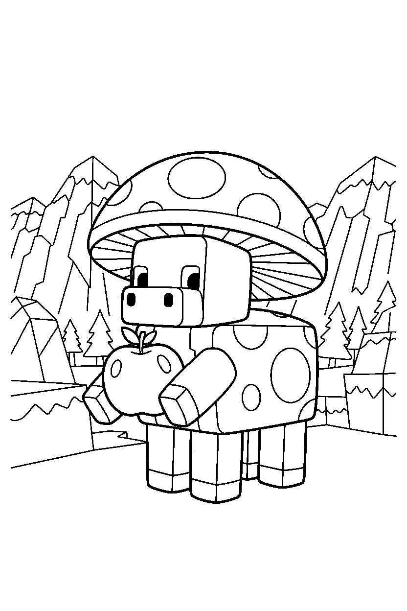 minecraft mooshroom holding an apple in frozen peaks line art