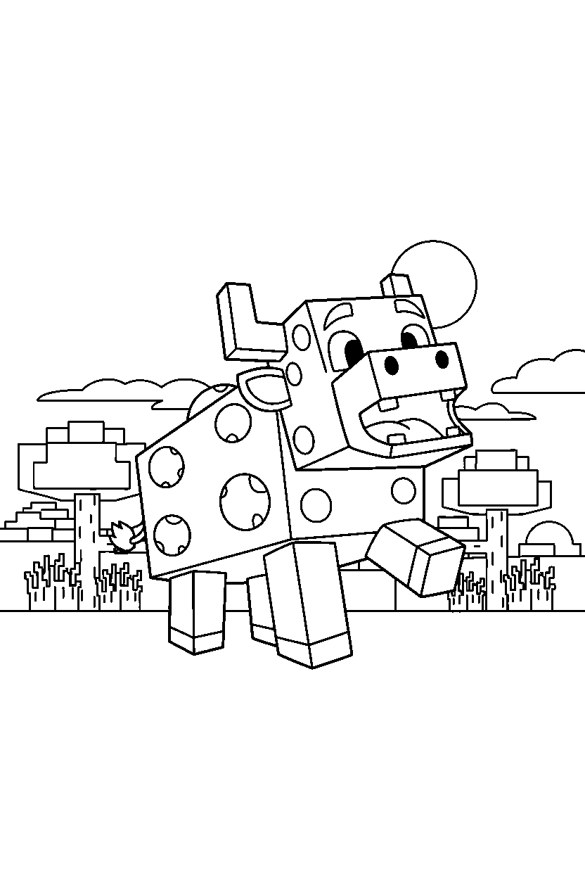 minecraft mooshroom roaring playfully in a savanna line art