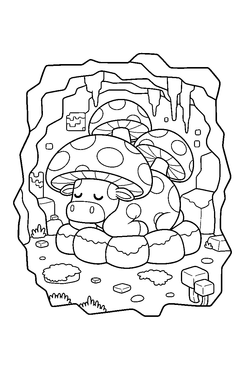 minecraft mooshroom sleeping peacefully in a cave line art