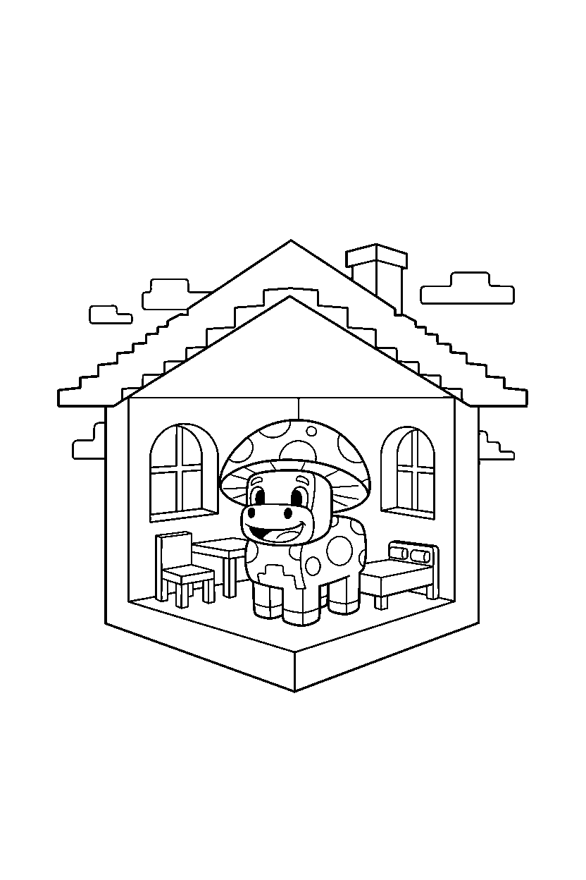 minecraft mooshroom smiling happily inside a house line art