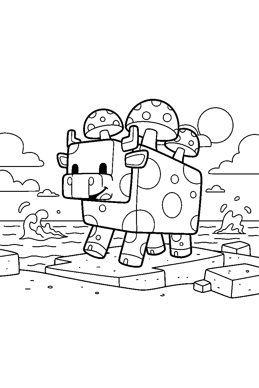 minecraft mooshroom walking happily on an ocean shore line art