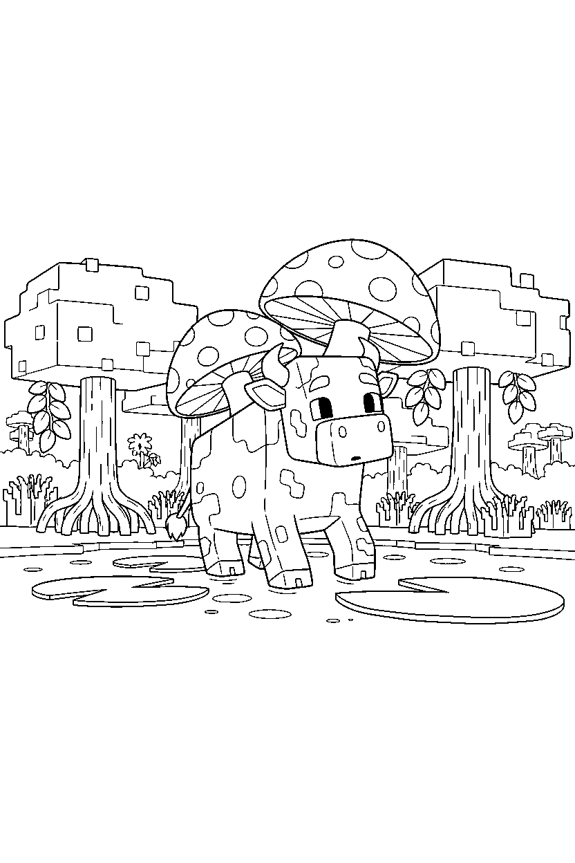 minecraft mooshroom wandering curiously in a mangrove swamp line art
