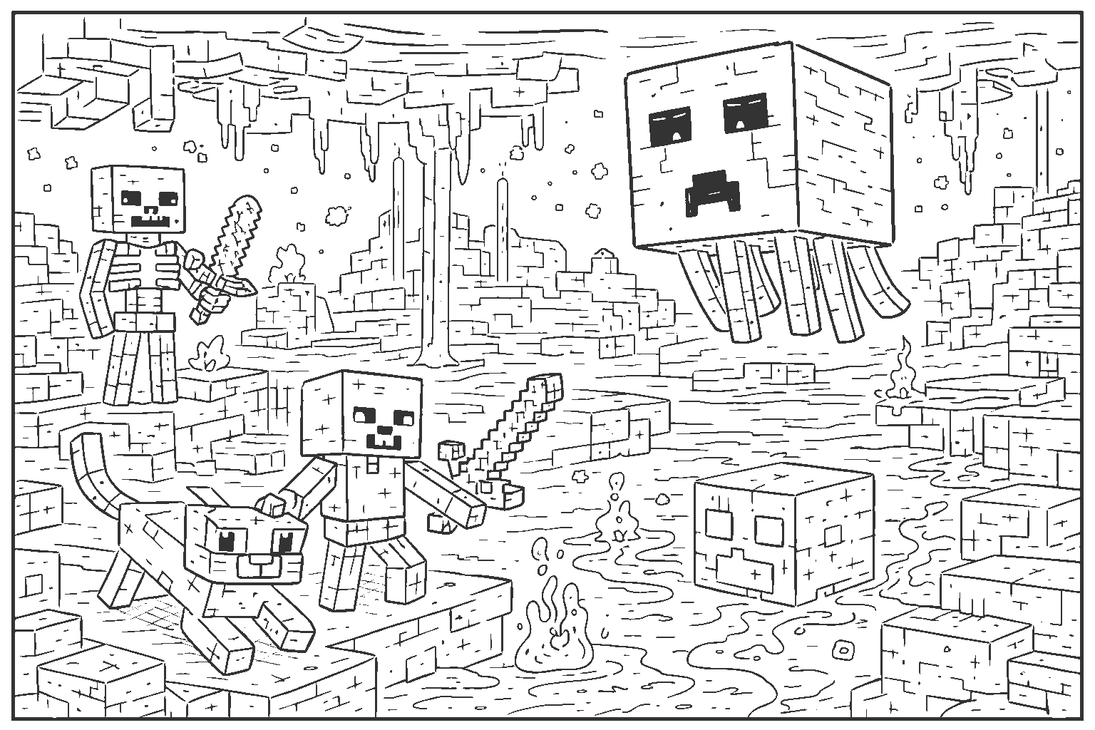 minecraft nether adventure ghast skeleton line art