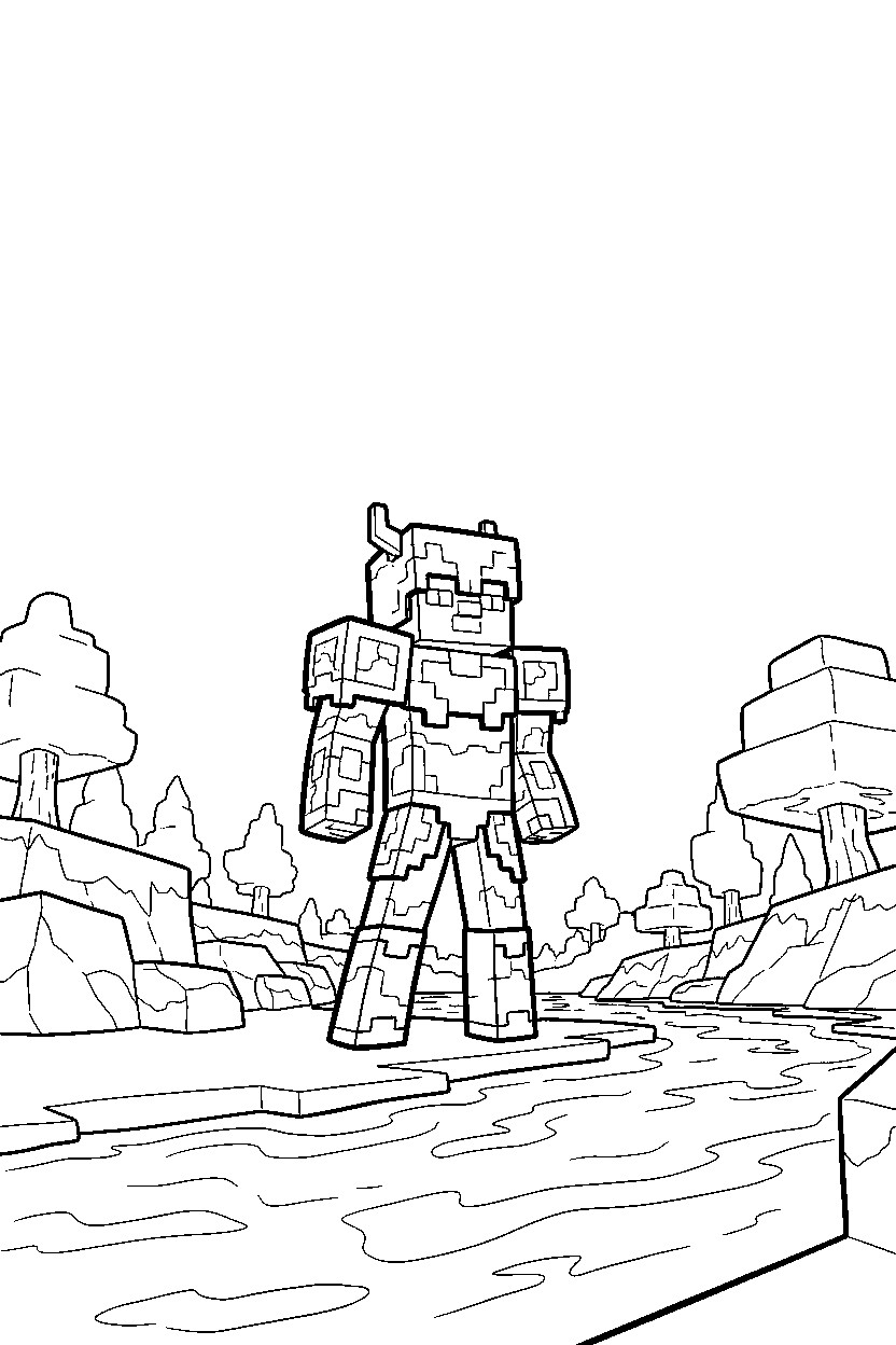 minecraft netherite armor player posing on riverbank line art
