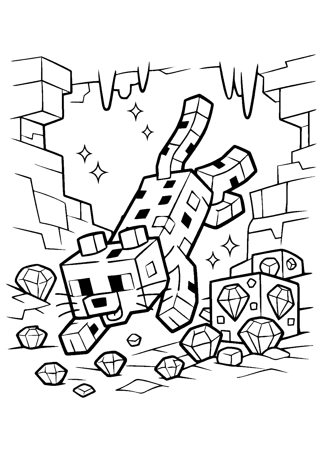 minecraft ocelot exploring a sparkling diamond cave line art