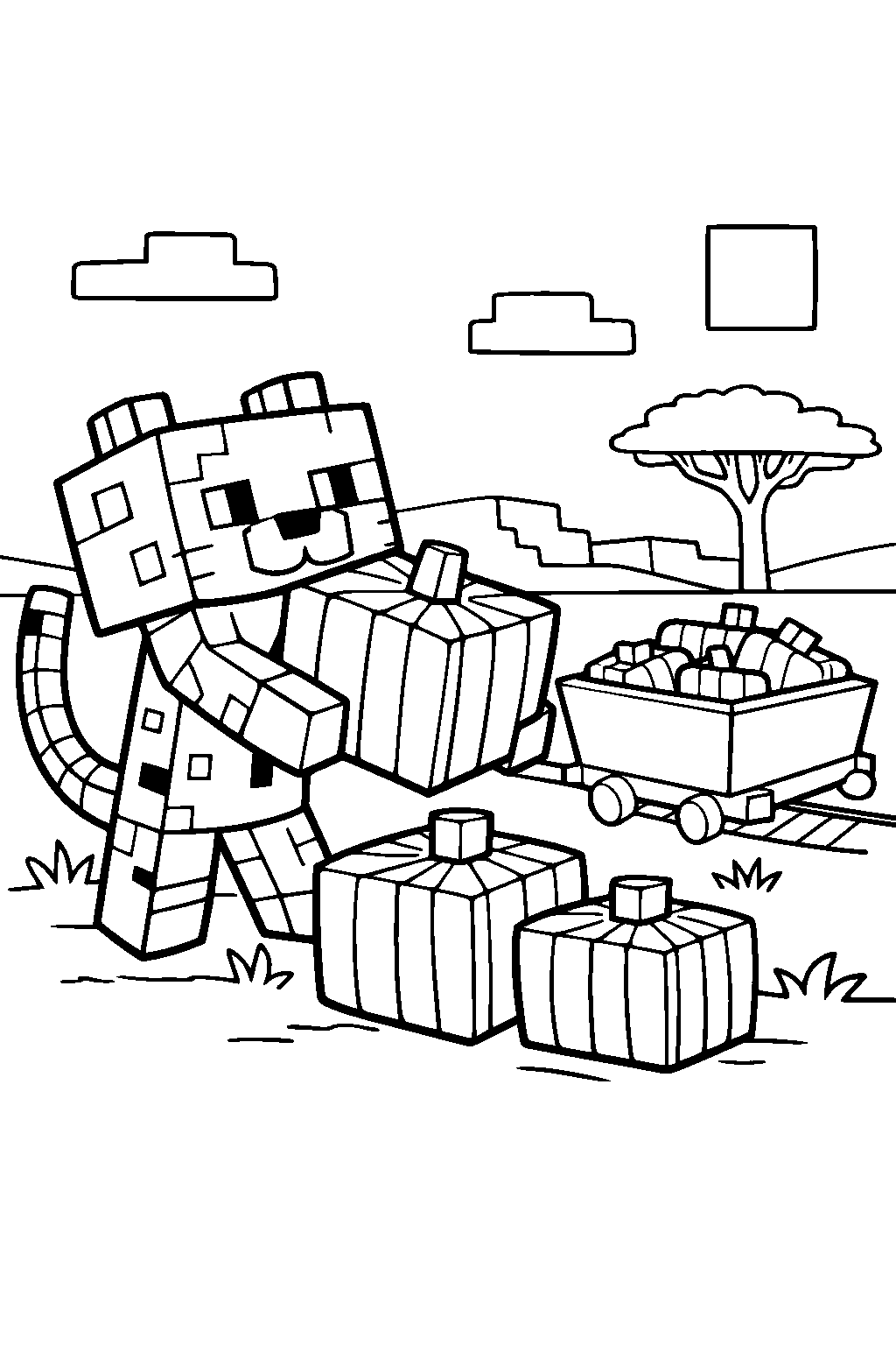 minecraft ocelot harvesting pumpkins in a savanna biome line art