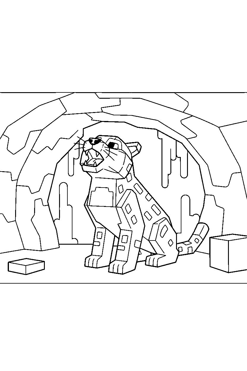 minecraft ocelot howling playfully in a cave line art