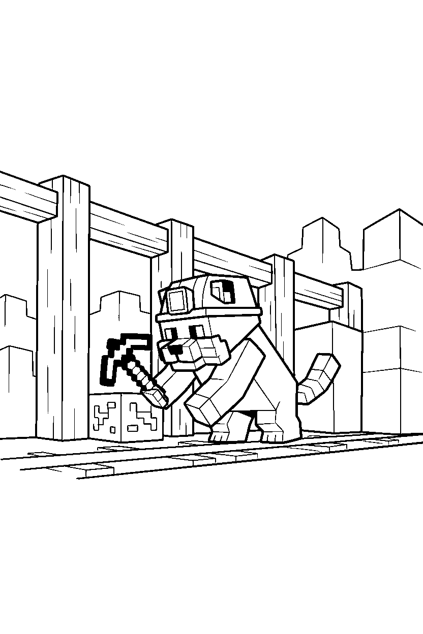 minecraft ocelot mining in a mineshaft line art